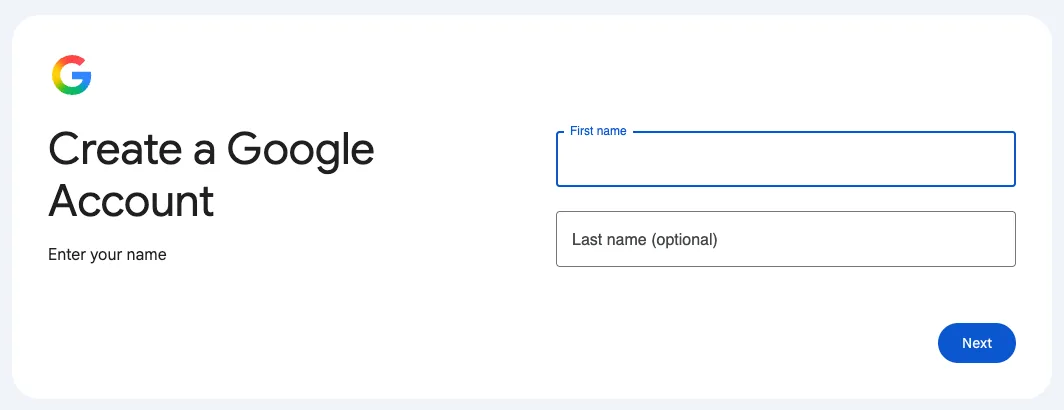 The first page of creating a Google account